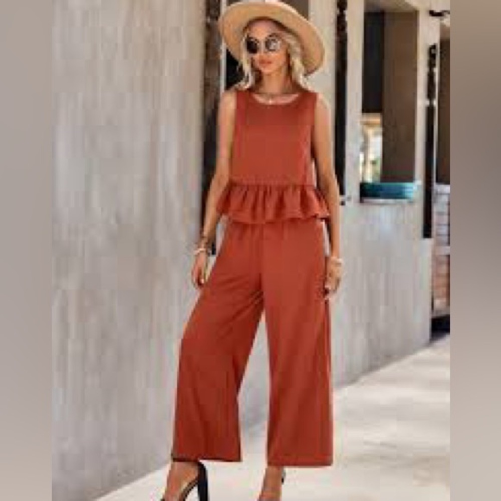 Luneh Casual Set RoundNeck Ruffle Hem Tank-Top,High-Waist,Wide-Leg Pant,Size Lg